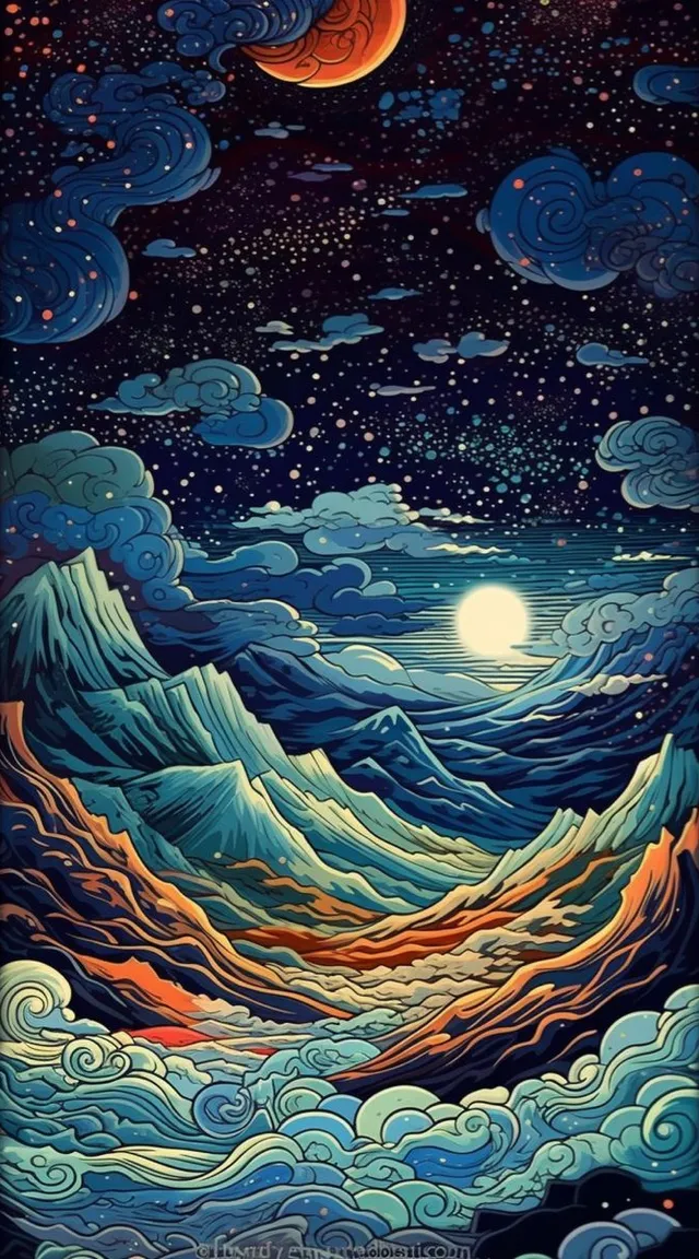 a painting of a night sky with mountains and stars