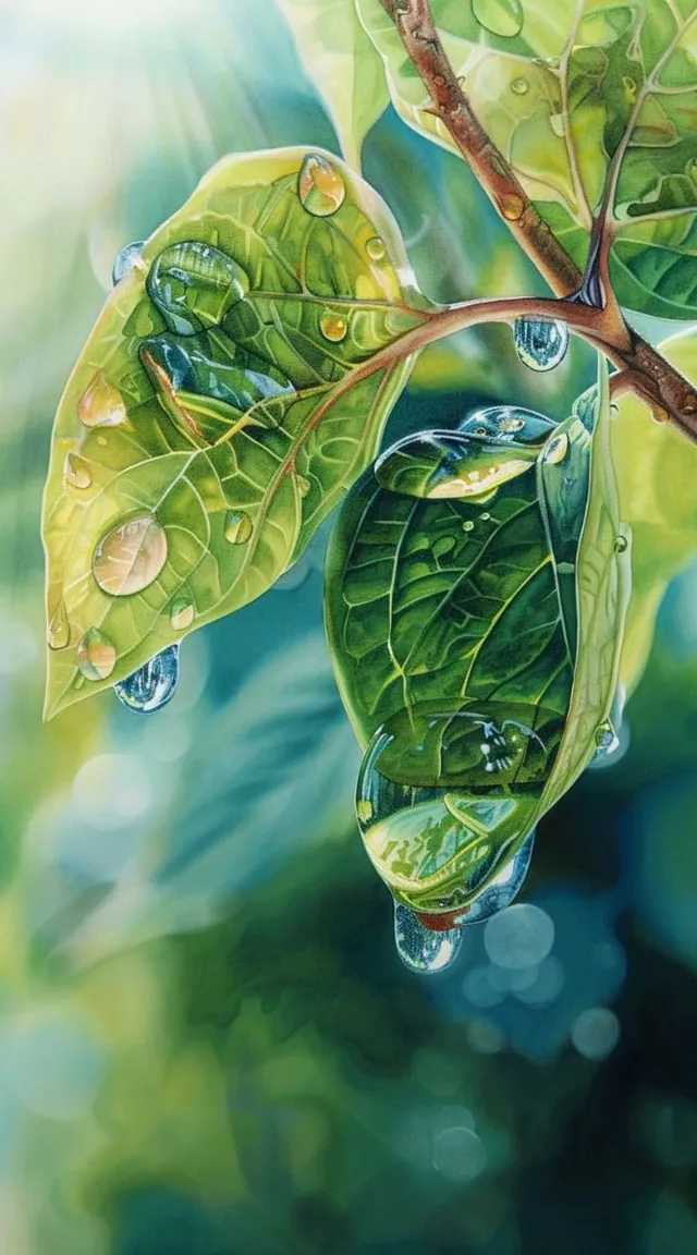 a painting of leaves with water drops on them