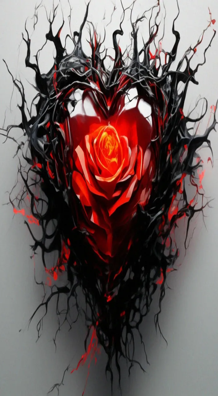 a red rose in a black heart surrounded by branches