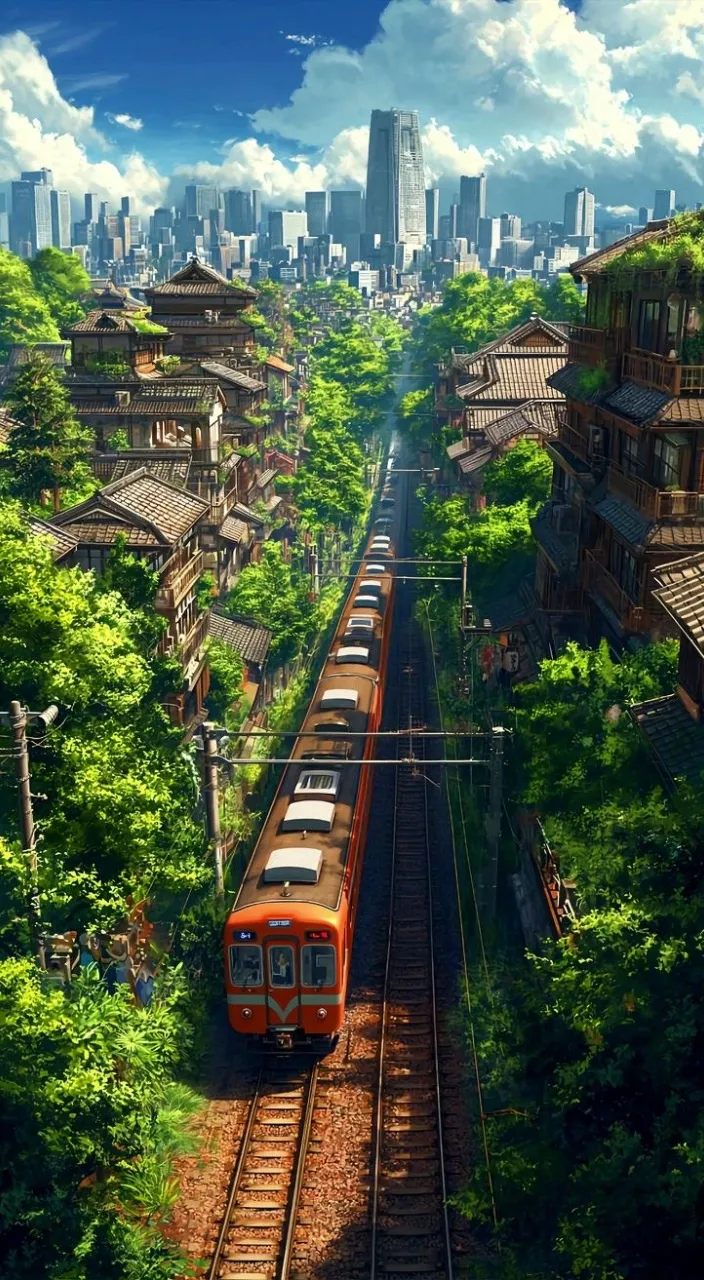 a train traveling through a lush green city