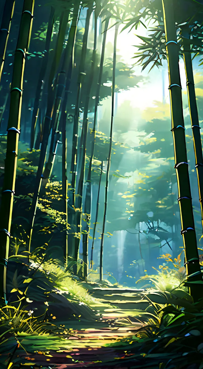 a painting of a path through a bamboo forest