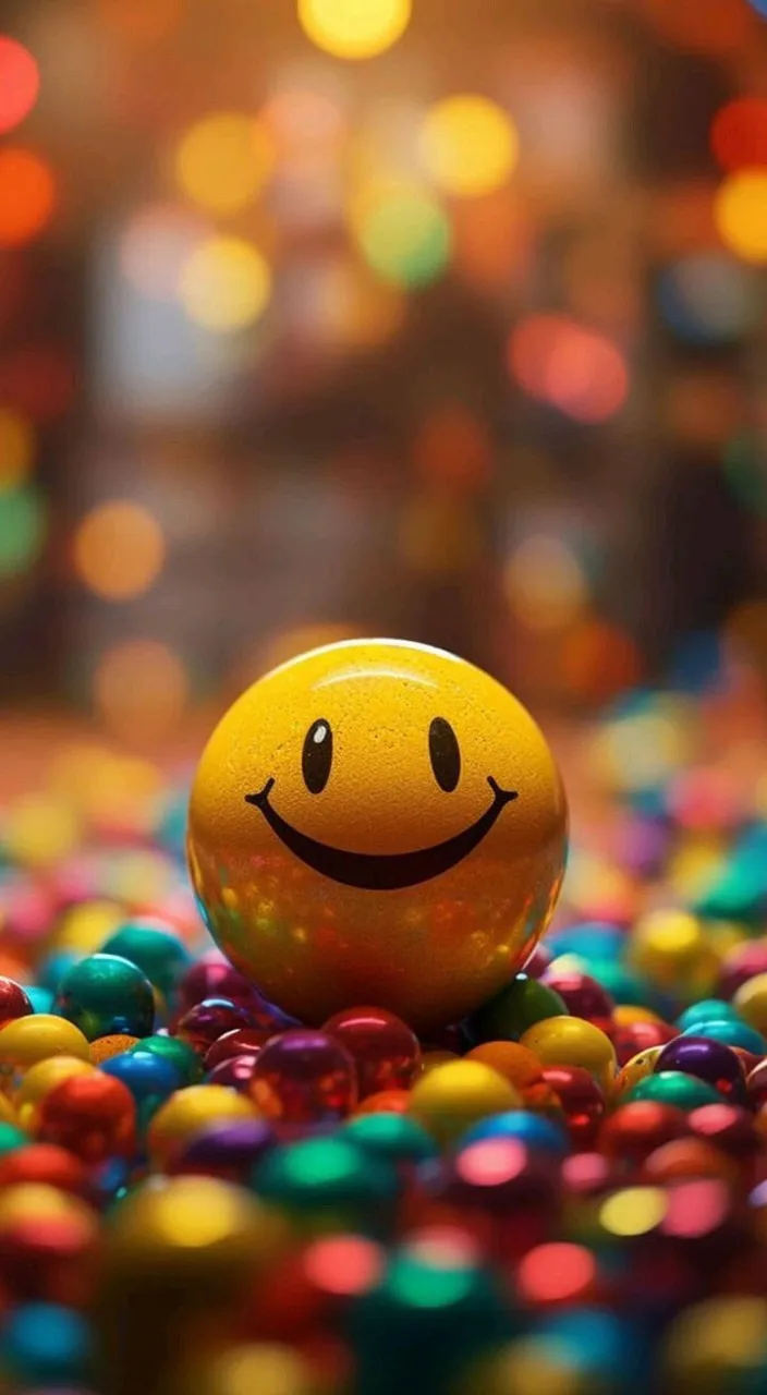 a smiley face ball surrounded by colorful balls