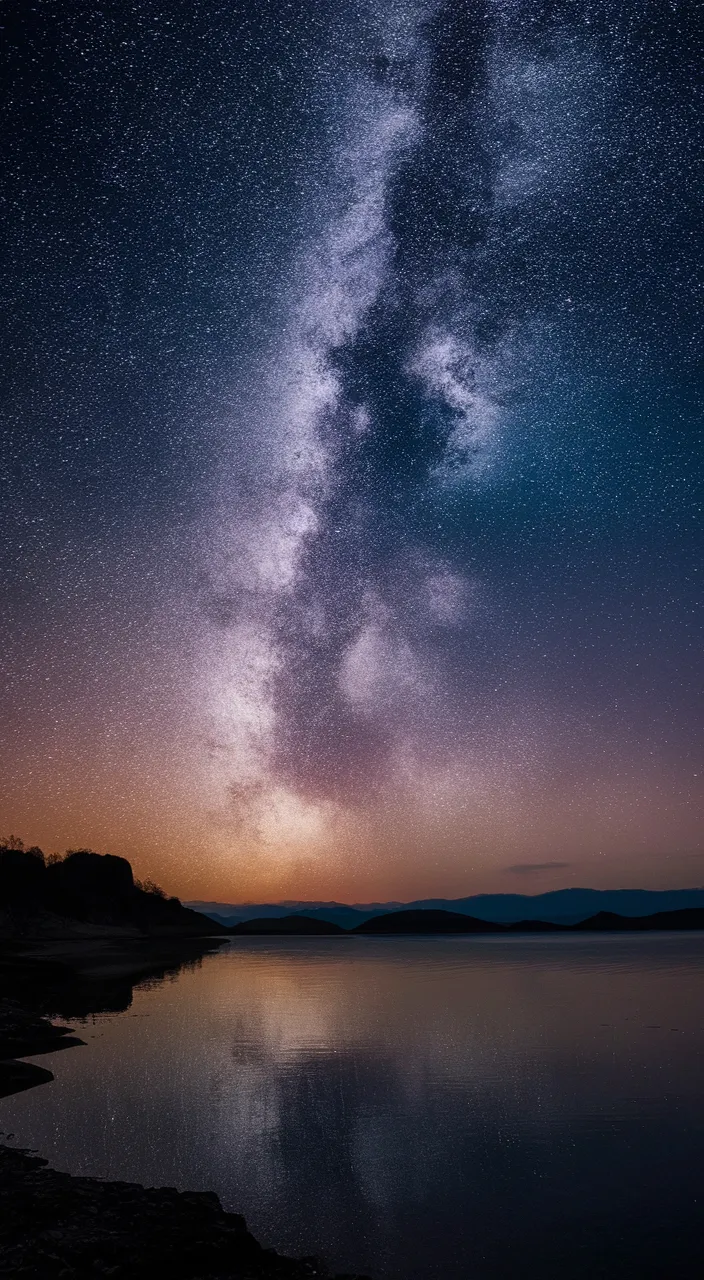 the night sky is filled with stars above a body of water