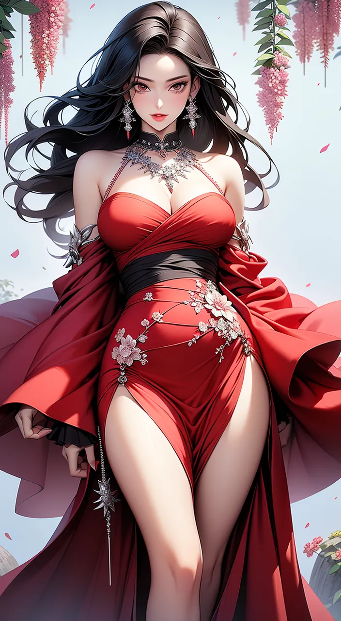 a woman in a red dress with long black hair