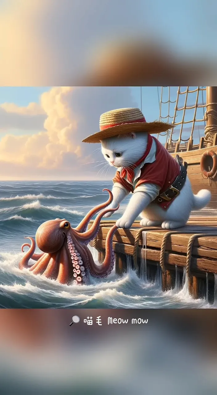 a picture of a cat on a dock with an octopus