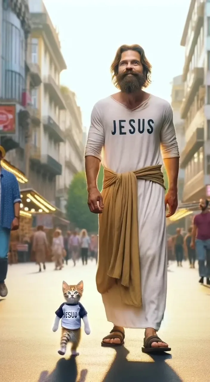 a man in a jesus t - shirt walking down a street