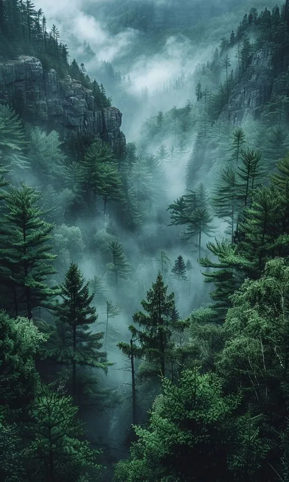 a foggy forest filled with lots of trees