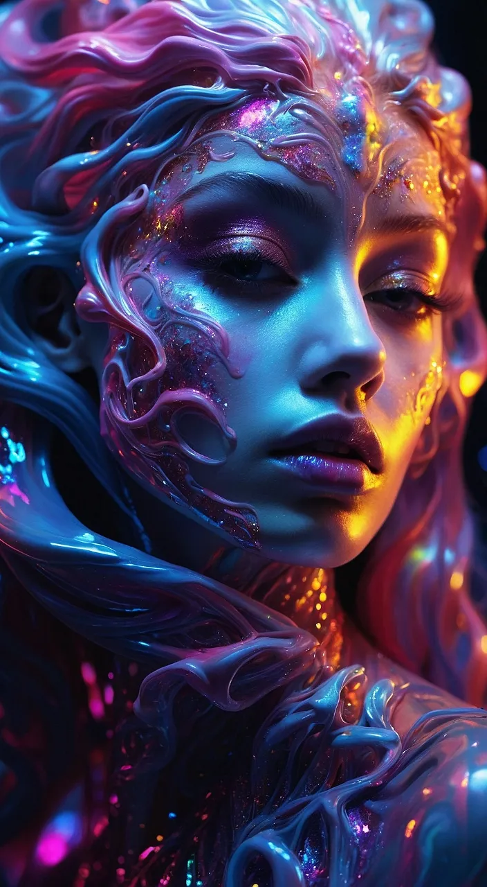 A woman with bright makeup and galaxy-inspired body paint, lit by ethereal celestial light