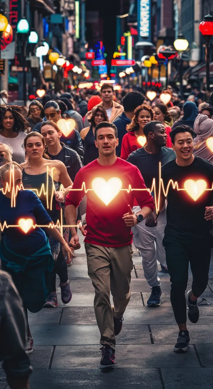 Quick shots of people moving through the streets, their beating hearts overlapping with the beat of the music.