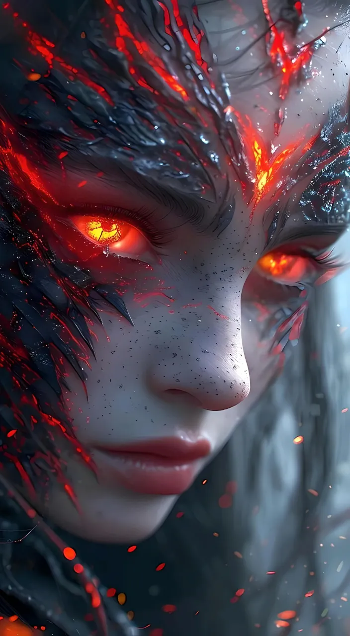 a close up of a person with red eyes