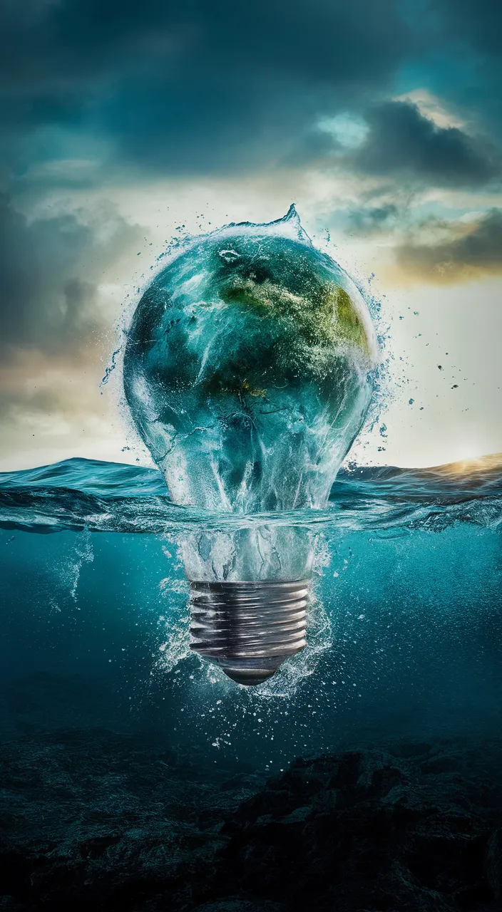 a light bulb floating in the water with a planet inside it