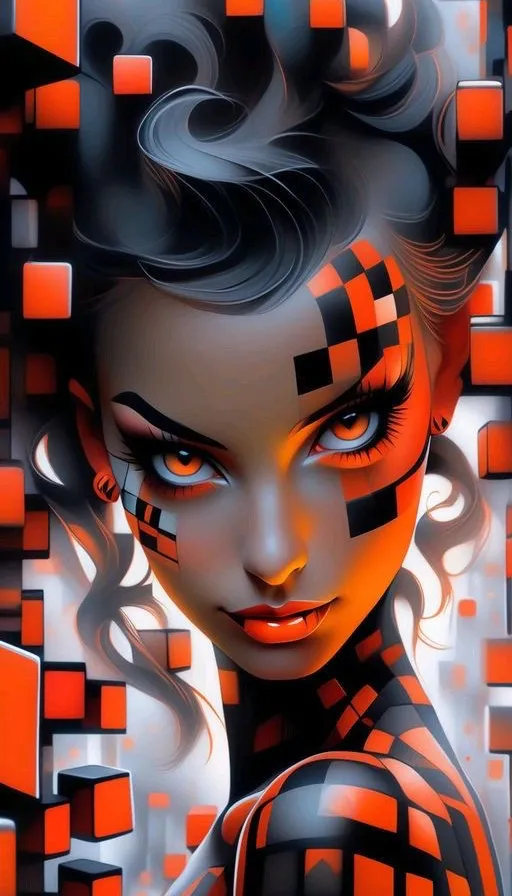 a painting of a woman with black and orange makeup