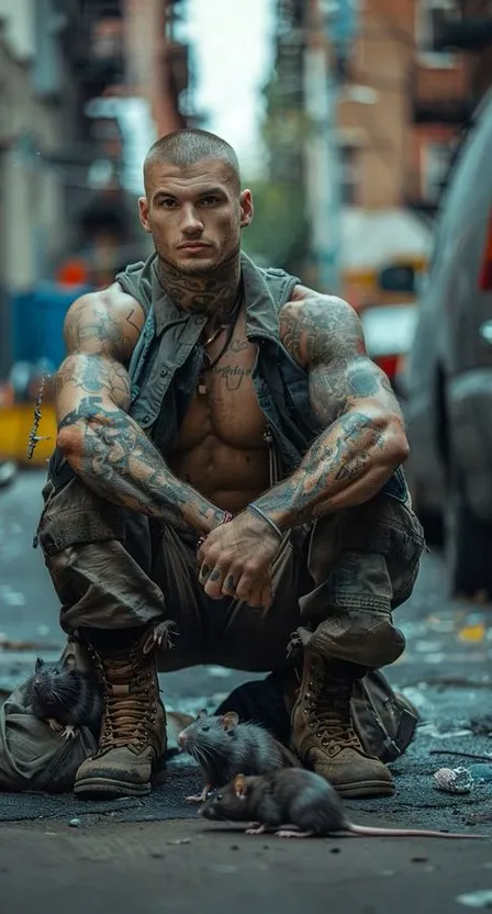 a tattooed man squatting on the ground next to a dog