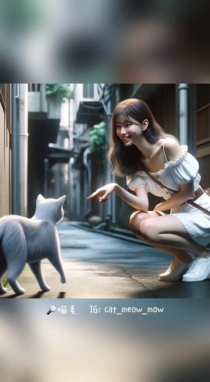 a woman kneeling down next to a cat