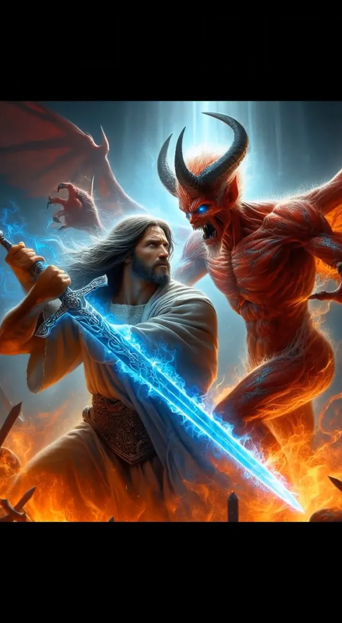 a man holding a sword next to a demon