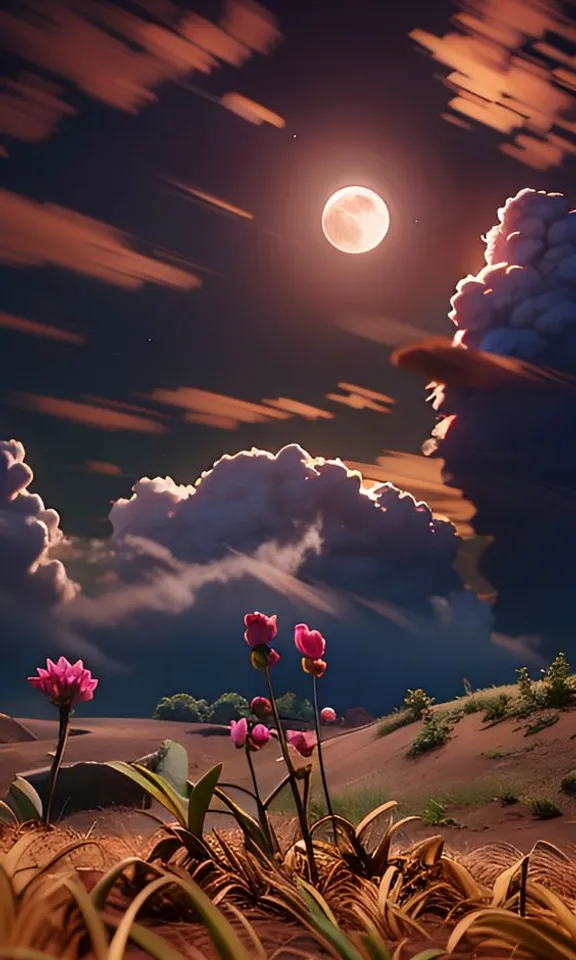 a night scene with clouds, flowers, and a full moon