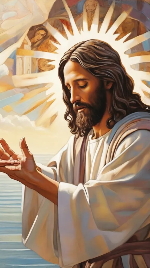 a painting of jesus holding his hands together