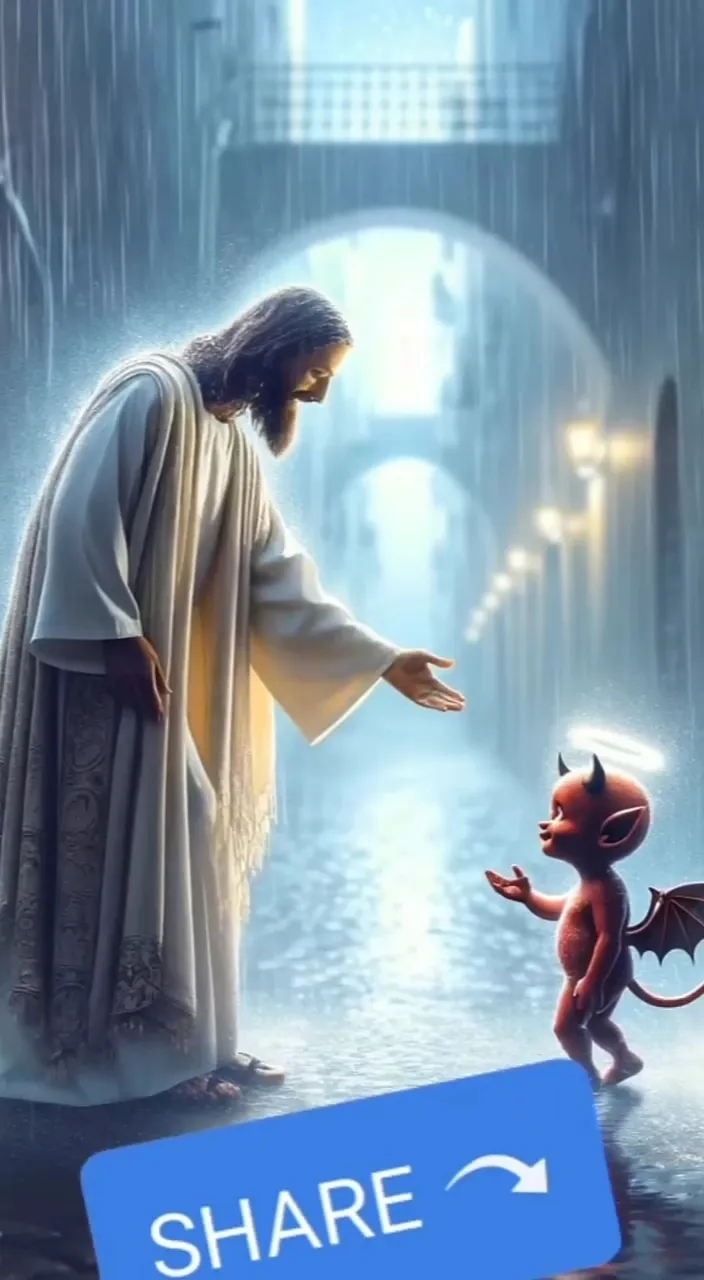 a picture of jesus pointing at a devil in the rain