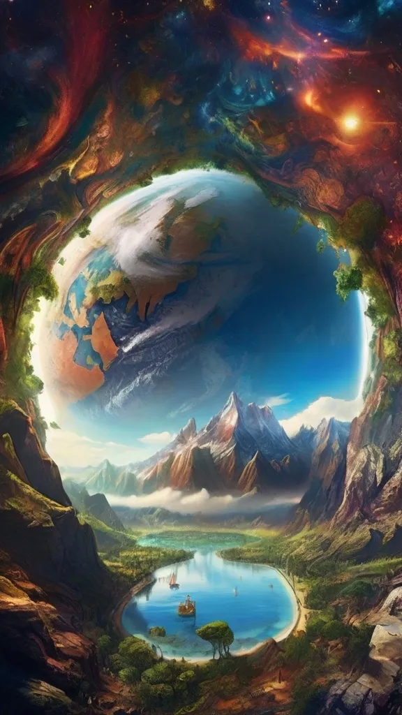 a painting of a planet with mountains and a lake