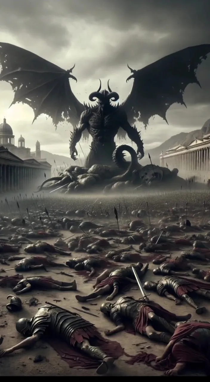 A dramatic apocalyptic scene, where a horde of human survivors forming a last stand against the menacing demon