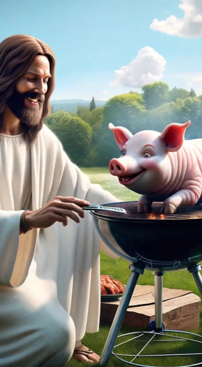 a man with a pig on top of a grill