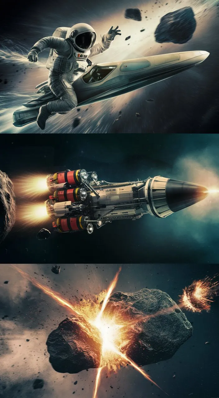 A dynamic montage of space-themed video clips. The first scene shows a skilled astronaut expertly maneuvering a sleek spacecraft to dodge approaching asteroids. The second scene depicts an advanced spacecraft equipped with powerful thrusters, pushing the asteroids out of the way. The third scene is an explosive action shot, where bombs are strategically detonated to blast the asteroids into smaller fragments. The overall atmosphere is intense and exciting, highlighting the challenges and ingenuity required in space exploration.