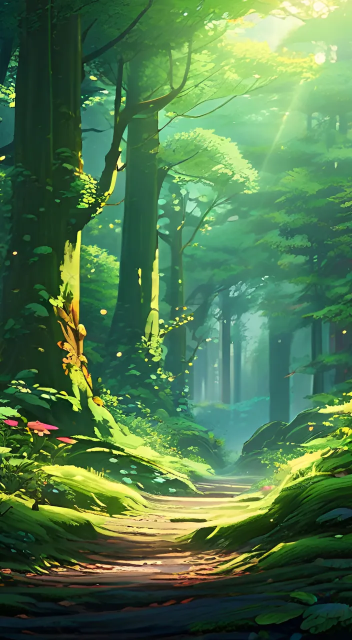 a painting of a path through a green forest, ghibli studio style