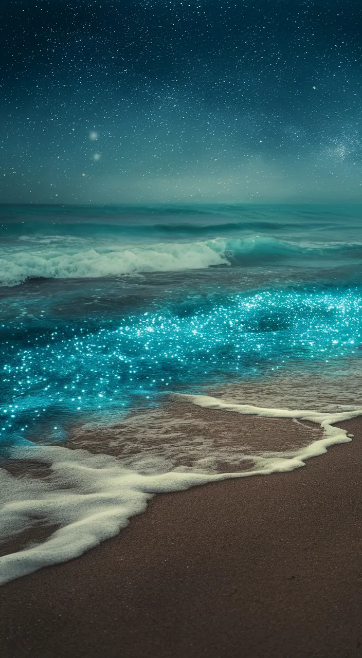 a beach with waves and stars in the sky