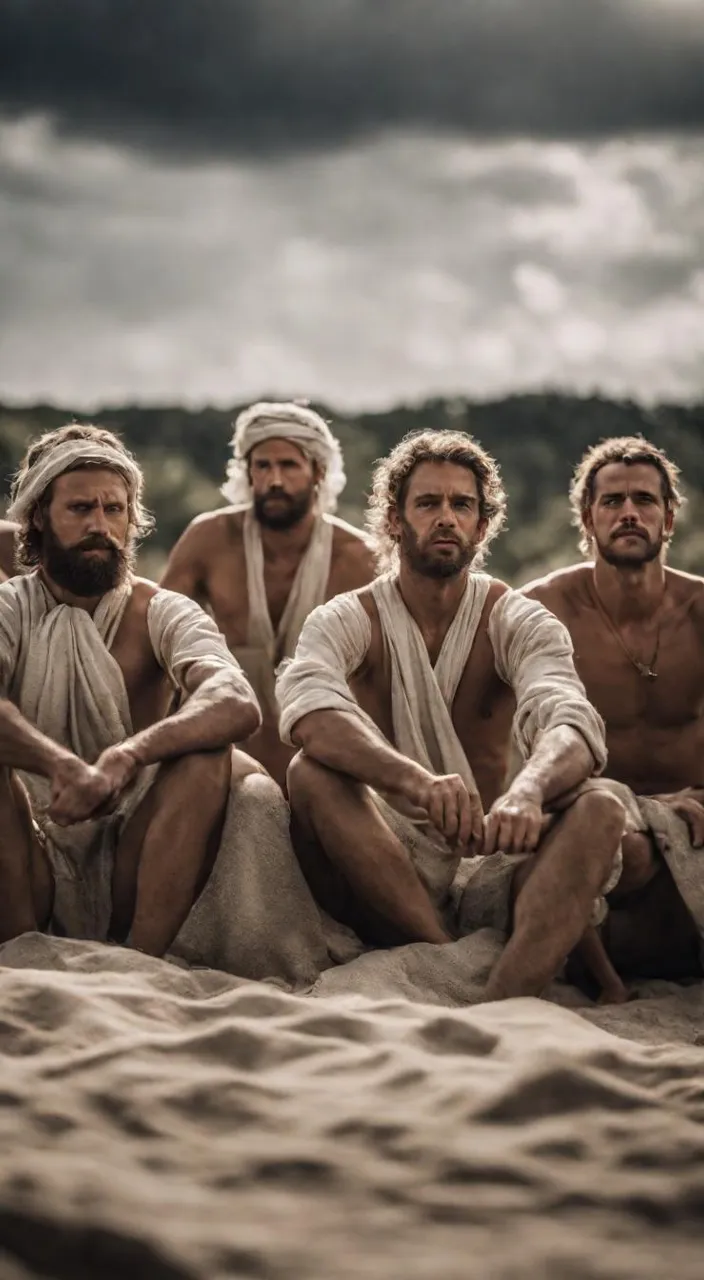 a group of men sitting on top of a sandy beach