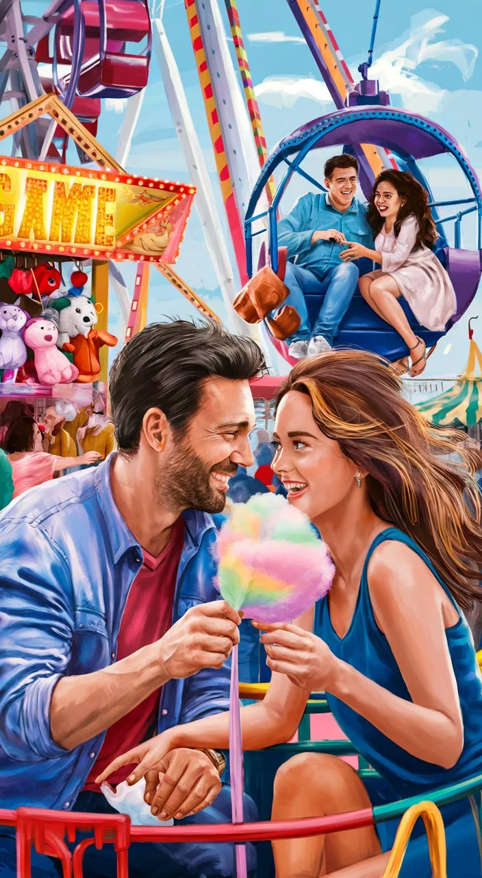 Setting: A lively amusement park by the sea.Characters: A man and woman in love enjoy various rides and games.Actions: They laugh as they ride the Ferris wheel, play games, and share cotton candy.Details: The scene is lively and bustling, filled with the sounds of laughter and joy, and captures the essence of carefree summer fun.