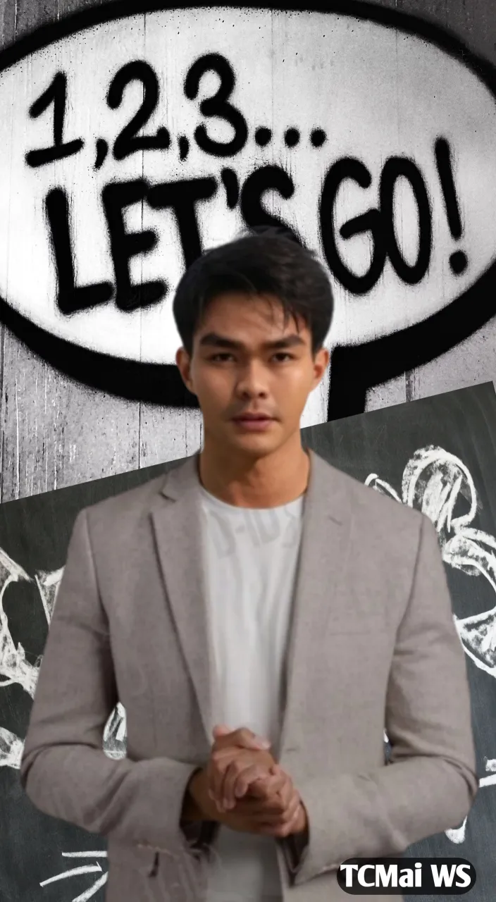 a man standing in front of a sign that says let's go