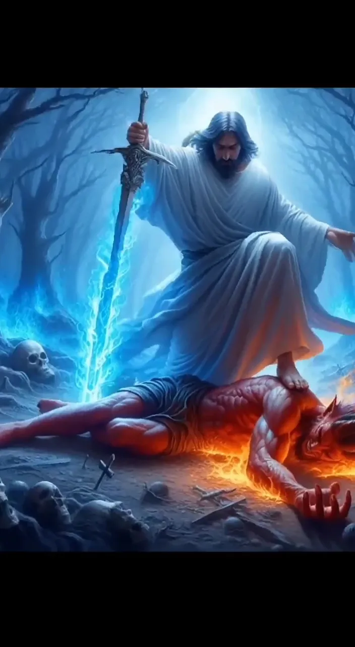 a painting of jesus sitting on the ground holding a sword