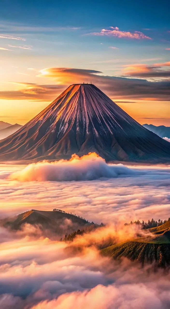 a mountain covered in clouds with a sunset in the background