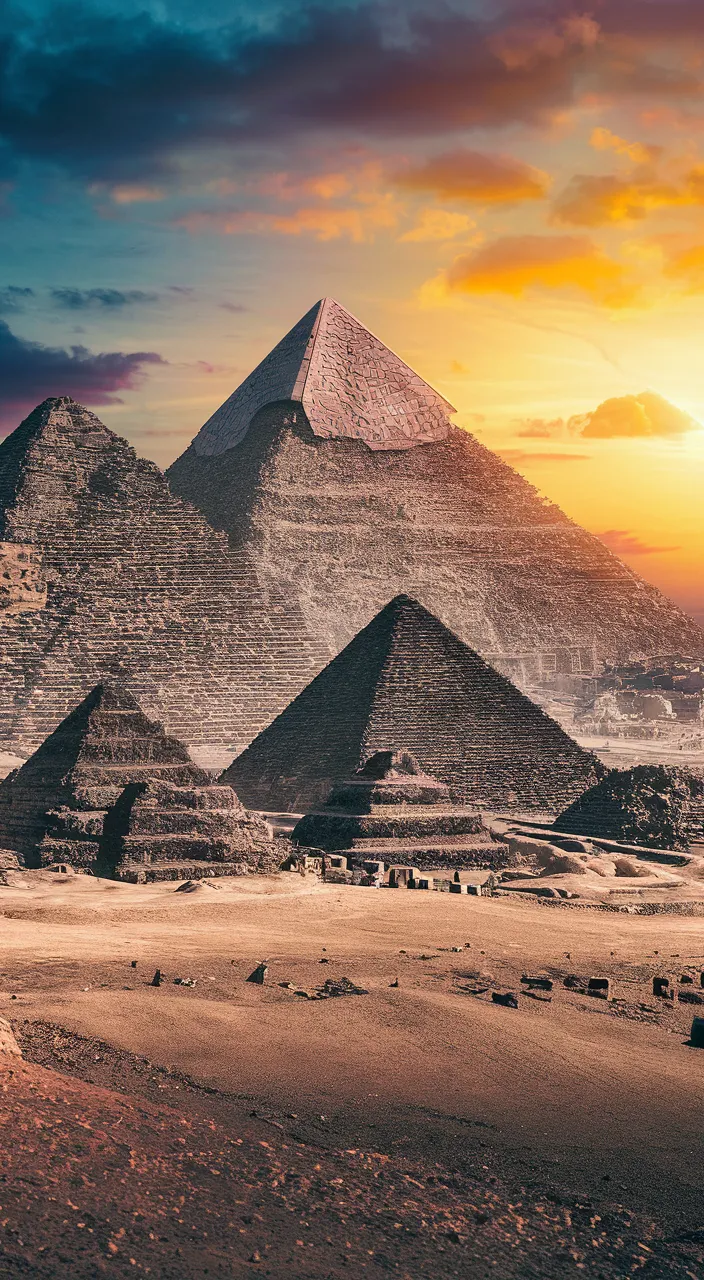 the great pyramids of giza at sunset