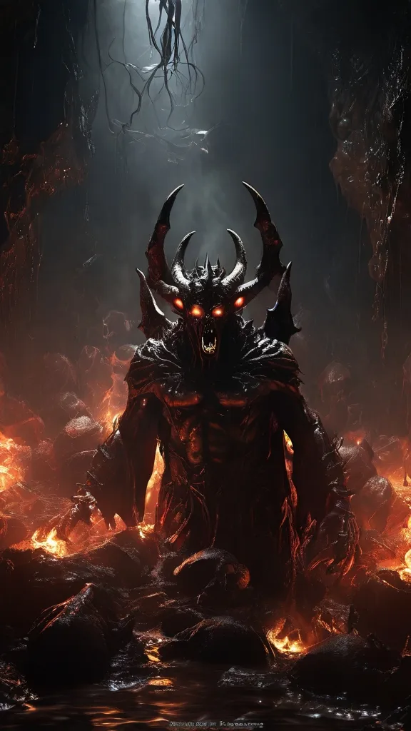 a demonic demon standing in a dark cave