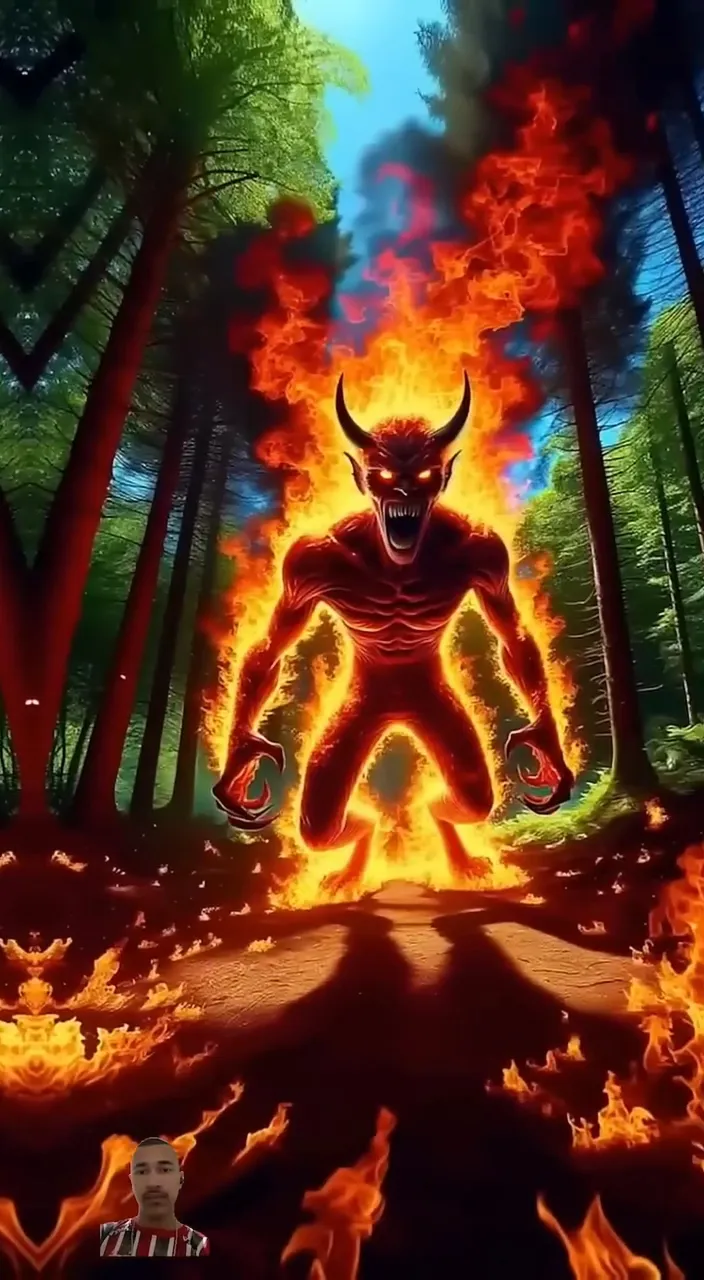 a demon standing in the middle of a forest