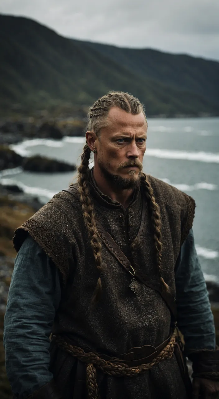 a man with long hair and braids standing in front of a body of water