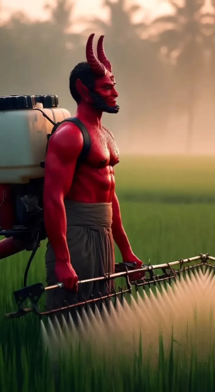 a man in a red devil costume is using a lawn mower