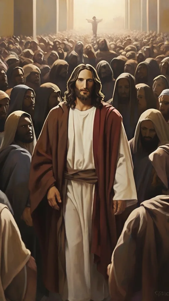 a painting of jesus in a crowd of people