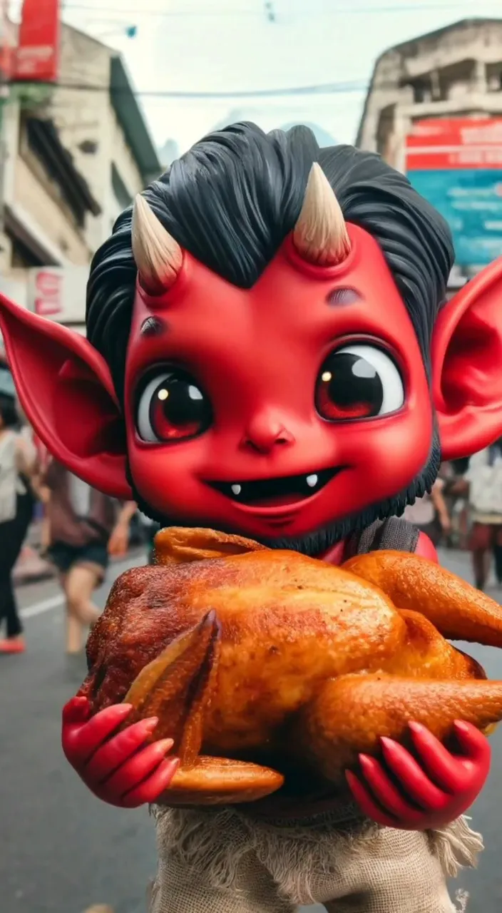 a red troll holding a roasted chicken in his hands