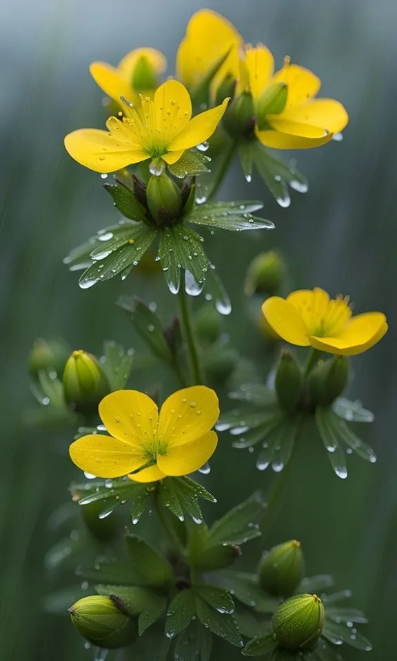 a bunch of yellow flowers with water droplets on them