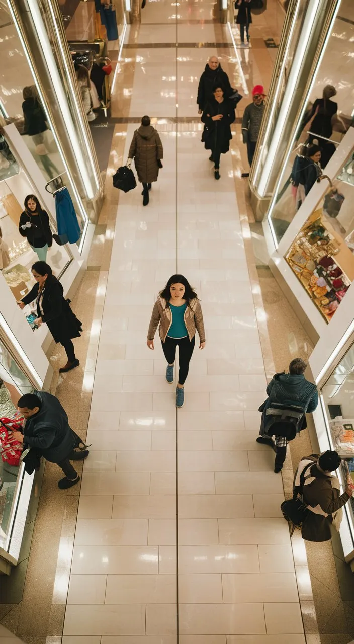 an overhead shot of a large shopping mall and a woman walking with determination, surrounded by bright lights and people shopping.