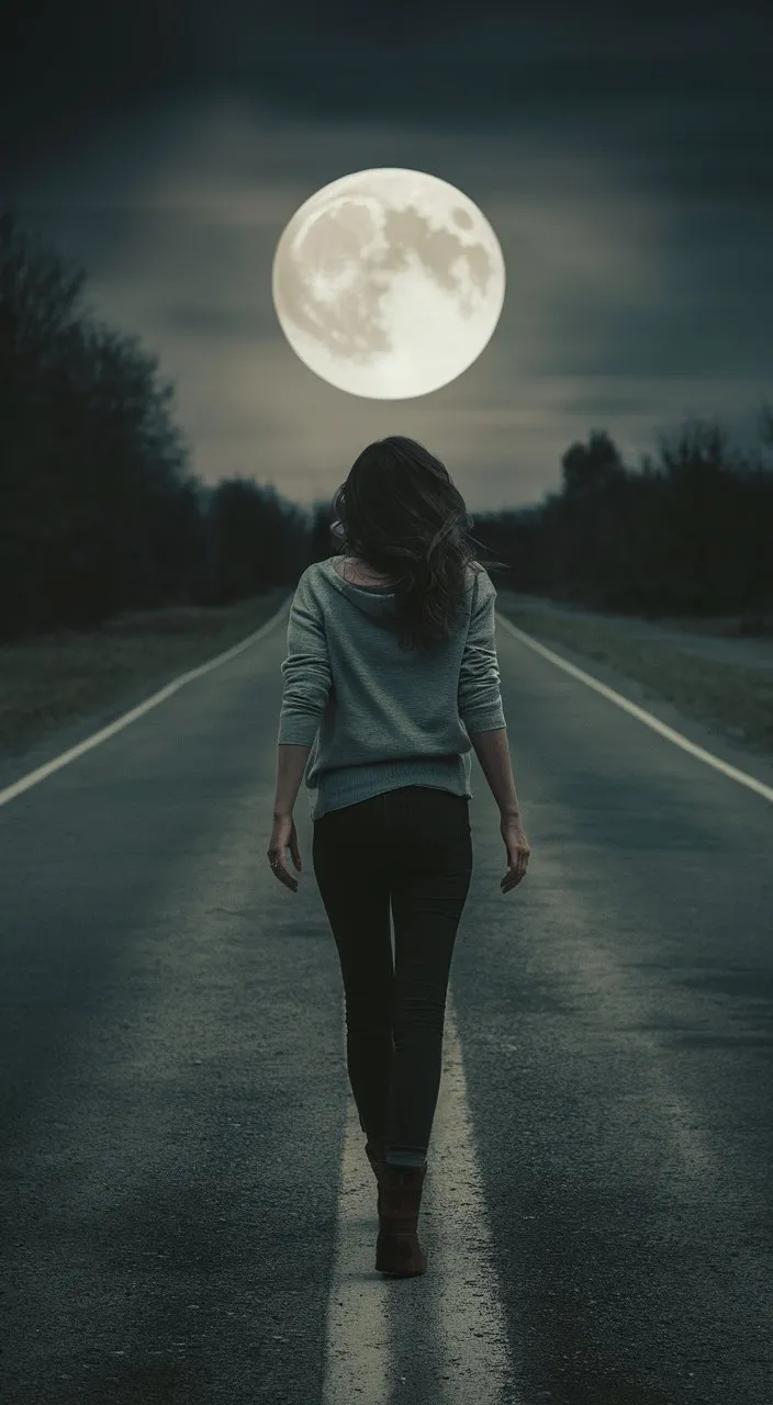 The woman gets back on her feet and continues her walk along the deserted road, while the moonlight gently envelops her.  The obsession with the man is still present in her mind, but she now agrees to face reality and find her inner strength to move forward.