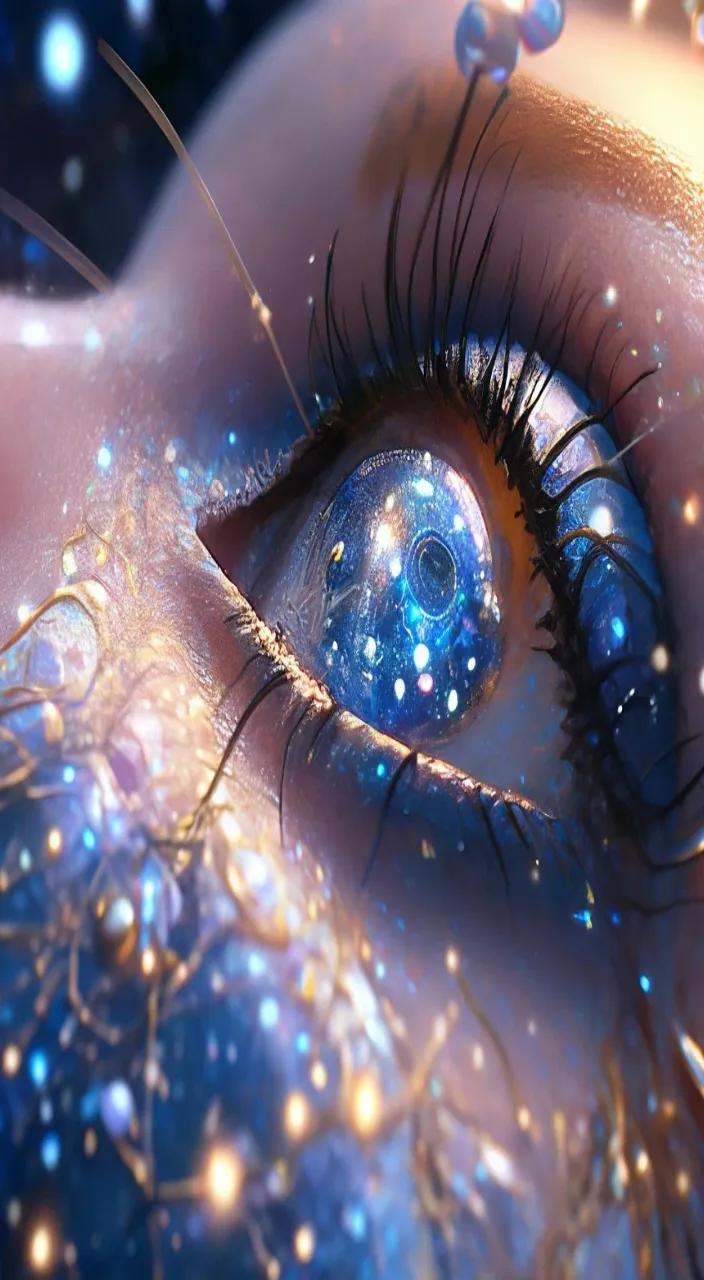 An extreme close-up of a blue eye with galaxy reflection