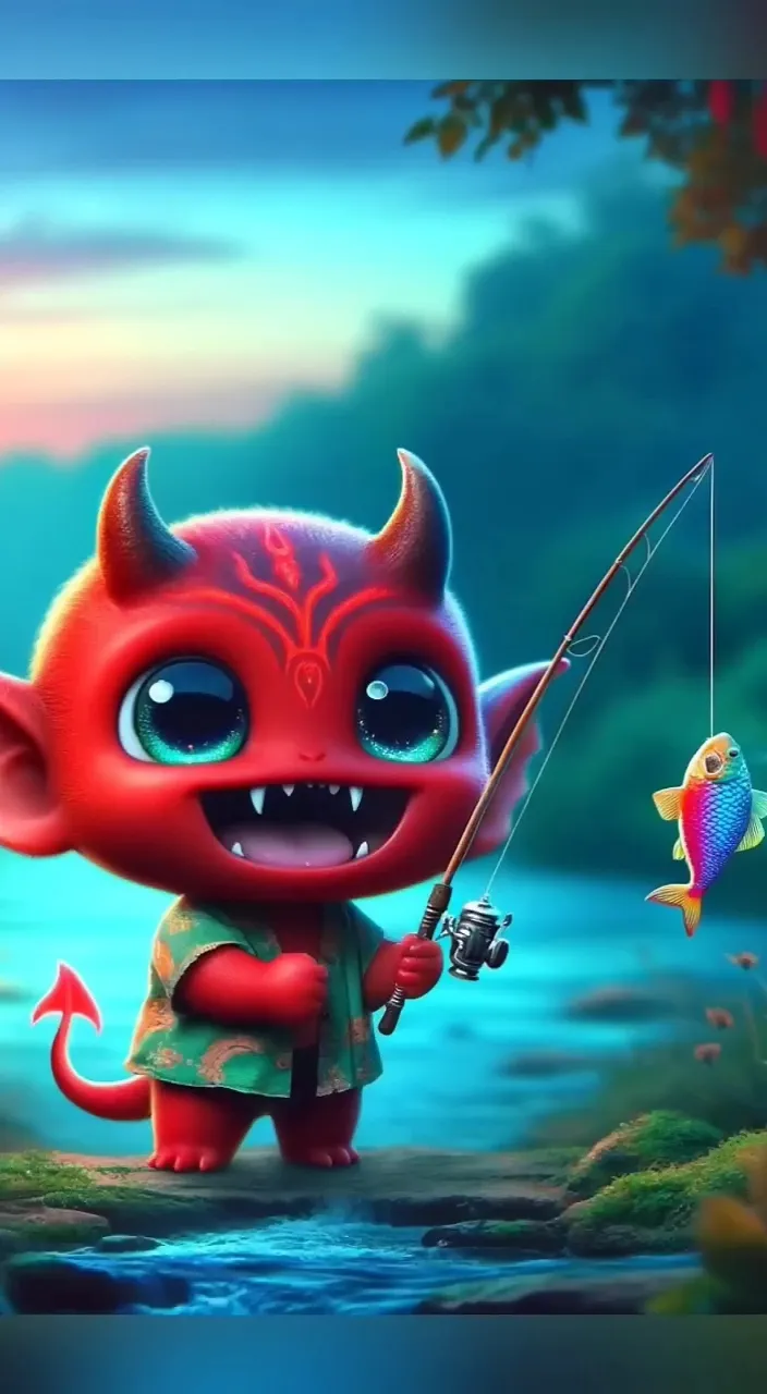 a little red devil is holding a fishing rod