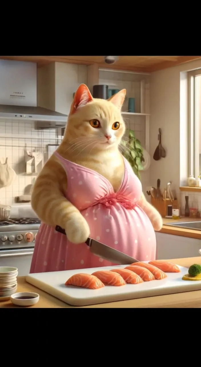 a cat in a pink dress cutting sushi on a cutting board