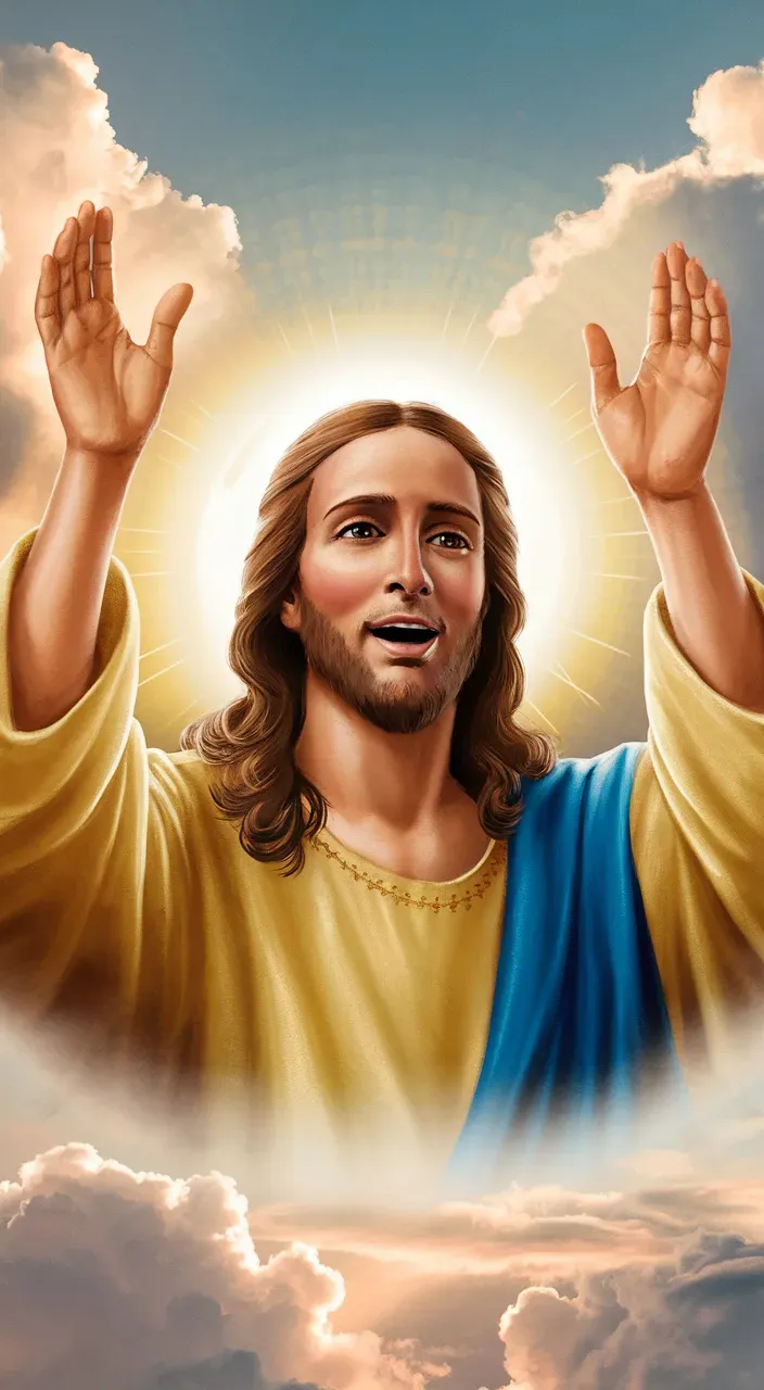 a painting of jesus with his hands up in the air