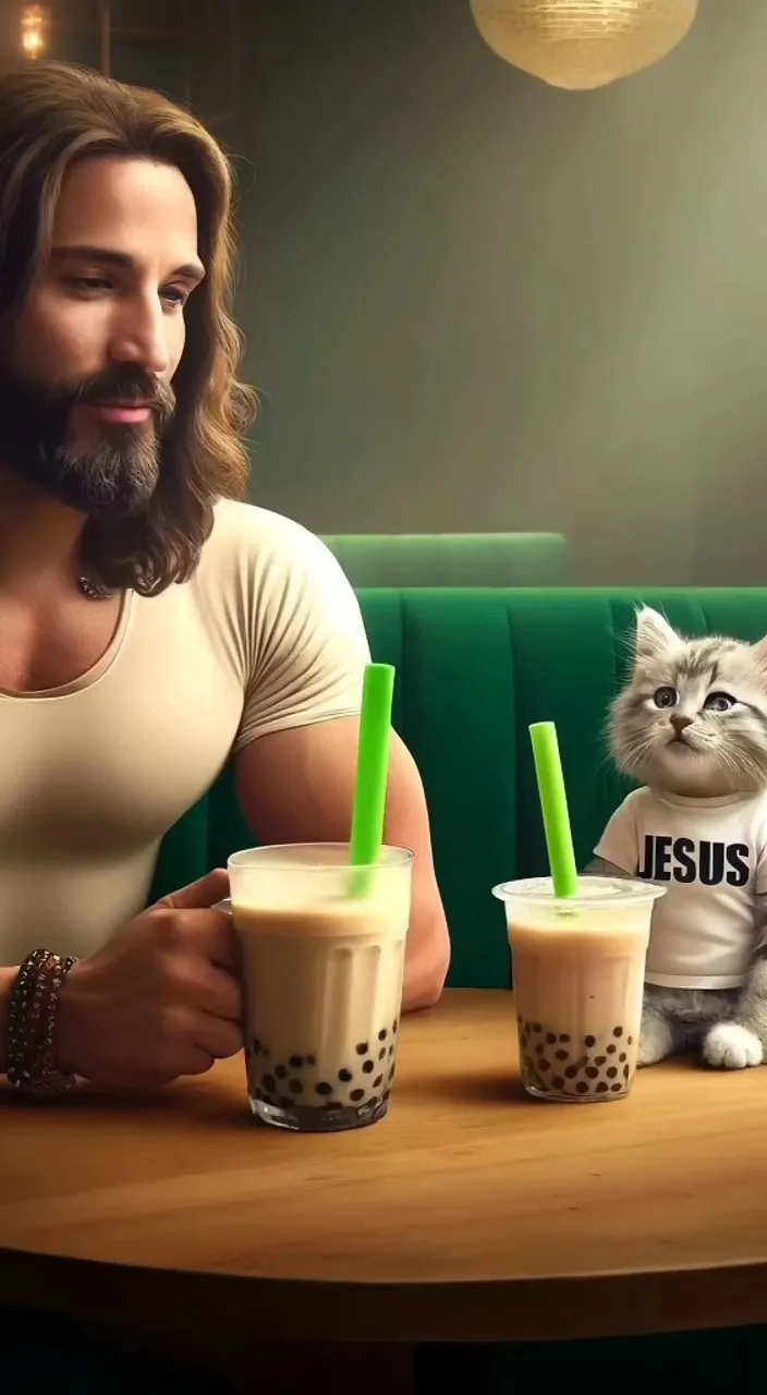 a man sitting at a table with two cups of coffee