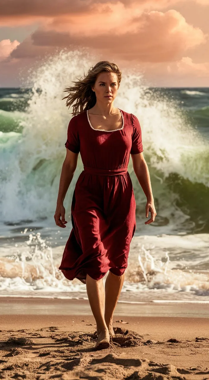 a woman in a red dress walking on the beach