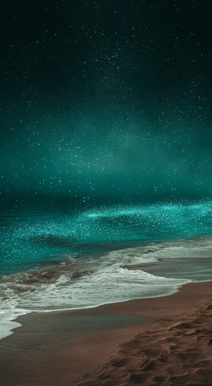 a beach with waves and stars in the sky